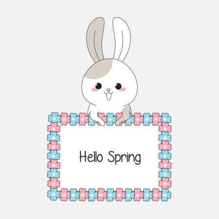 greeting card with floral frame and a cute rabbitのイラスト素材