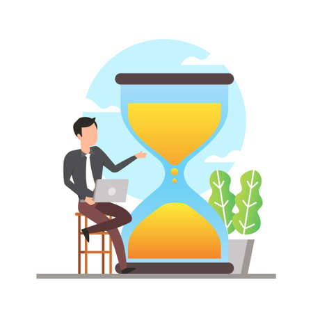 Time management illustration with people sitting in the chair with is laptopのイラスト素材