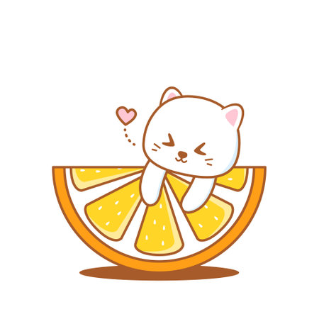 cute cat with half orange fruitのイラスト素材