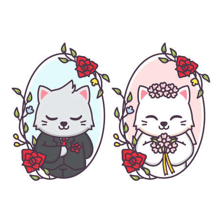 cute married couple of cat inside floral frameのイラスト素材