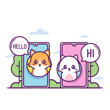 cute corgi and cat making callのイラスト素材