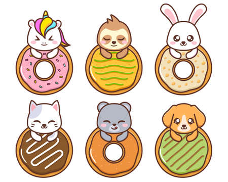 cute animals with various doughnutのイラスト素材
