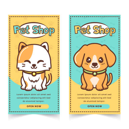 cute pet shop banner with cat and puppy characterのイラスト素材