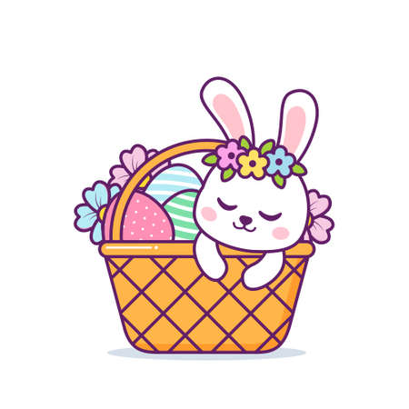 cute easter rabbit character in the basket eggのイラスト素材