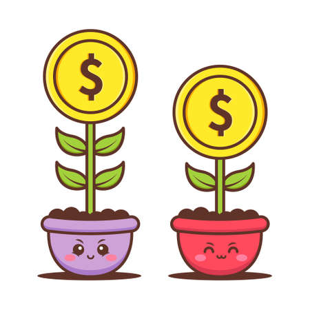 cute pot with growing coinのイラスト素材