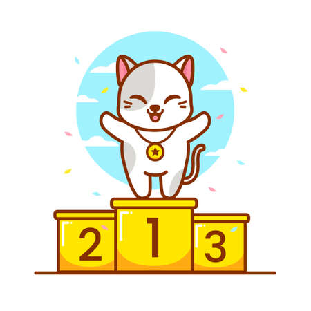 cute cat in podium with gold medalのイラスト素材