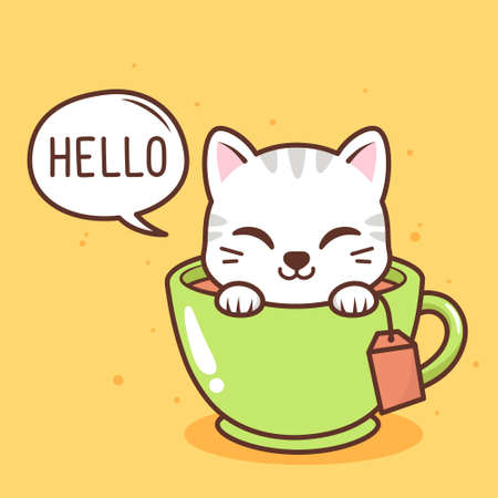 cute cat inside tea cupのイラスト素材