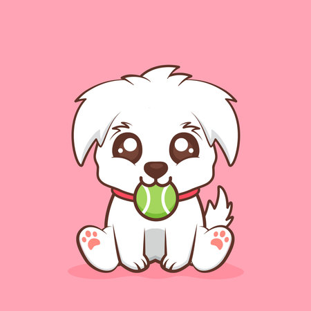 cute white happy puppy biting ballのイラスト素材