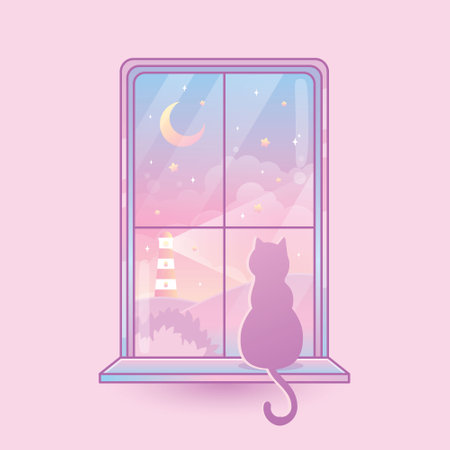 cute cat staring colorful window viewのイラスト素材