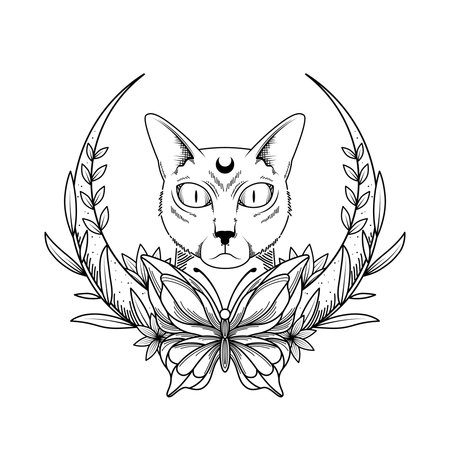 scary cat logo with moon floralのイラスト素材