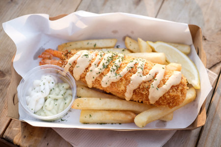 Fried shrimps with fries and mayonnaise sauceの写真素材