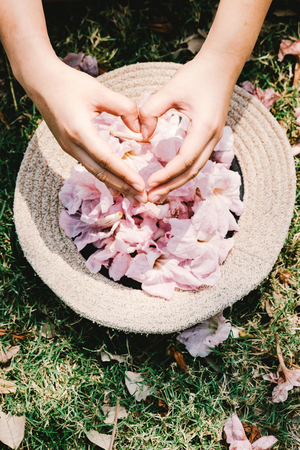 vintage tone of : Female Hand making heart sign the garden with pink flower in the hatの写真素材