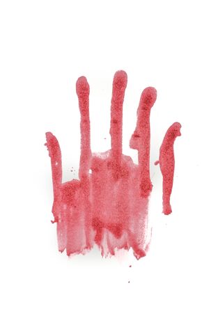 Human hand and fingers bloody print isolated on white backgroundの写真素材