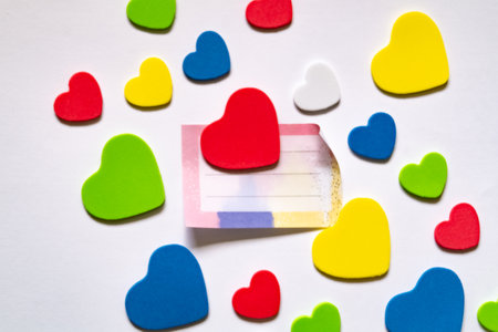 Colorful hearts and note paper on white background. Valentine's day concept.の写真素材