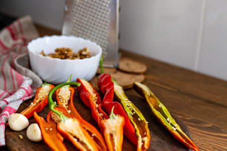 Sliced red and yellow hot chili peppers on a cutting boardの写真素材