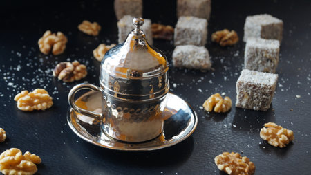 Cup of coffee with walnuts and sugar cubes on black backgroundの写真素材