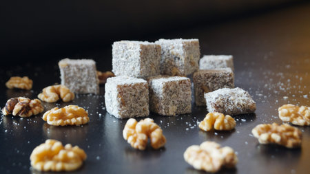 Turkish delight with walnuts on a black background. Selective focus.の写真素材