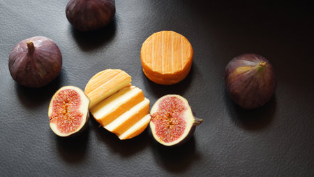 cheese and figs on a black background. cheese and figsの写真素材