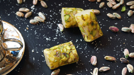 Turkish dessert kunefe, kadayif with pistachios and coffeeの写真素材