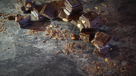 Pieces of broken chocolate on a dark background. Toned.の写真素材