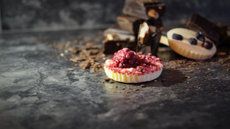 Cupcakes with berries and chocolate on a black background. Selective focus.の写真素材