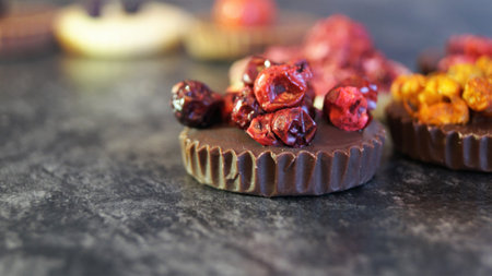 Chocolate candies with dried cranberries on a dark background.の写真素材