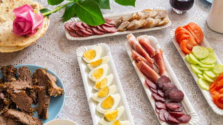 Breakfast table with meat, eggs, sausages and vegetablesの写真素材