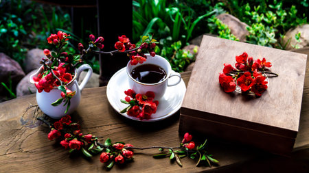 Cup of tea and red flowers on wooden table in garden.の写真素材