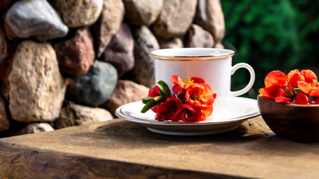 Cup of coffee with red flowers on wooden table and stone wall backgroundの写真素材