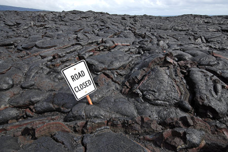 Lava covering road on the Big Island, Hawaiiの写真素材