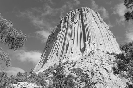 Devils Tower National Monument, a geological landform rising from the grasslands of Wyoming, is a popular tourist attraction, source for Native American legend and rock climbing goal for climbersの写真素材