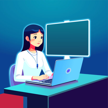 Business woman lady working on a laptop computer at her clean and sleek office desk. Flat style color modern vector illustration.のイラスト素材