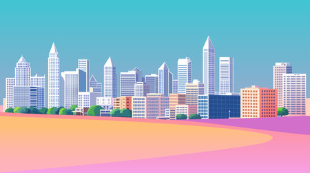 Modern city center with scyscrappers and residential houses. Colorful panoramic downtown view. Megalopolis cityscape. Metropolis skyline. Urban scenery. Vector illustration in flat styleのイラスト素材