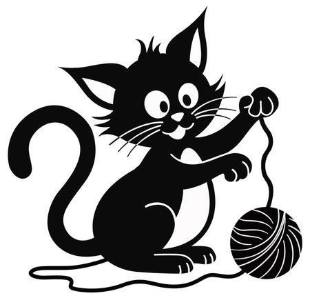 Black and white vector illustration of a playful cartoon cat having fun with a ball of yarn. Simple, minimalist style, isolated on a white background.のイラスト素材