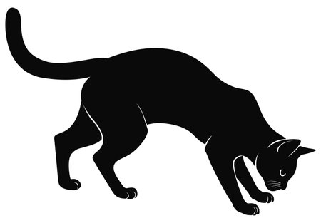Black and white vector illustration of a curious black cat sniffing something while standing on four legs. Minimalist silhouette with white accent strokes, isolated on a white background.のイラスト素材
