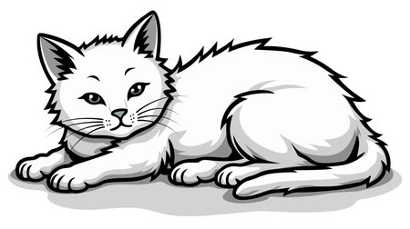 A serene and calming illustration of a fluffy, white cat resting peacefully and comfortably in its homeのイラスト素材