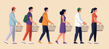 A set of vector illustrations featuring men and women in different outfits holding supermarket shopping baskets. Simple vector art style with a calm, muted color palette.のイラスト素材