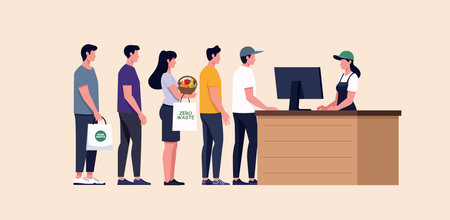 Simple vector illustration of a supermarket checkout. A cashier serves customers standing in line. People hold shopping baskets with fruits and vegetables and paper bags labeled zero waste.のイラスト素材