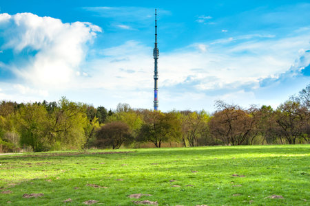 View on Ostankino TV tower from the Botanical garden, beautiful spring landscape with a fantastic skyの写真素材