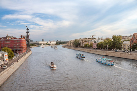 View on the Moscow river, Prechistenskaya and Bersenevskaya embankments and monument to Peter 1 and...