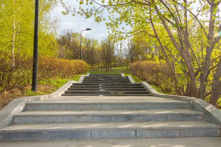 Stone stairway in andreevsky park in spring, Moscowの写真素材