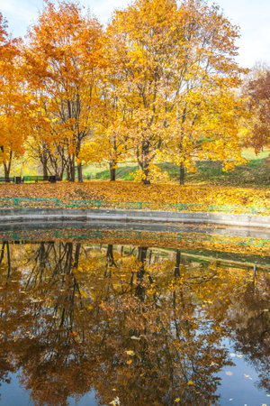 Lower Kolomenskiy pond in the Kolomenskoye Park in autumn, Moscow