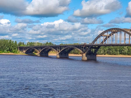 Rybinsky bridge over Volga river, Rybinsk city. Provincial Russian city in summer dayの写真素材
