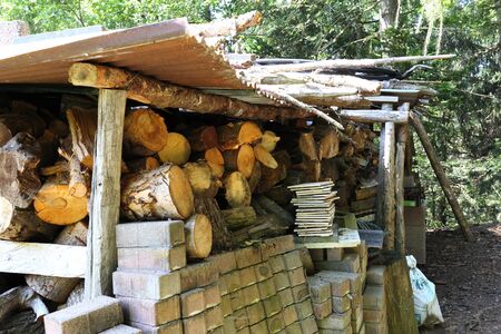 Stacks of wood for fire, in the woods of Trentino Alto Adigeの写真素材