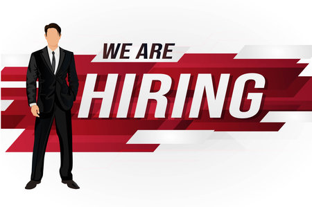 Hiring recruitment design for banner poster. We are hiring lettering with geometric shapes lines. Vector illustration typographic. Open vacancy design template.のイラスト素材