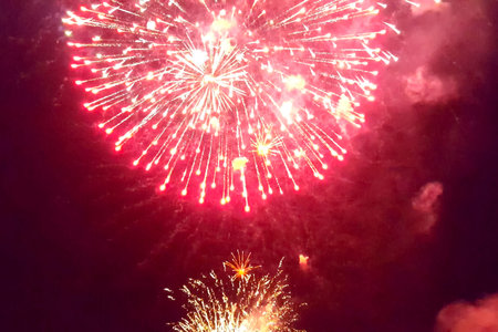 Festive salute in the night sky. Explosions of fireworks.