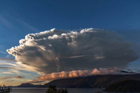 Eruption. Clubs of smoke and ash in the atmosphere.