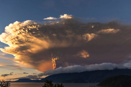 Eruption. Clubs of smoke and ash in the atmosphere.の写真素材