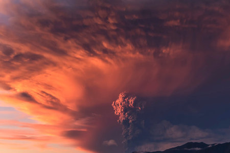 Eruption. Clubs of smoke and ash in the atmosphere.