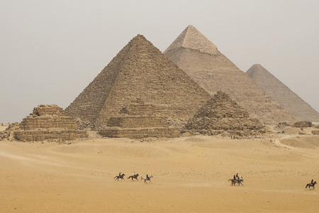 Pyramids of giza. Great pyramids of Egypt. The seventh wonder of the world. Ancient megalithsの写真素材